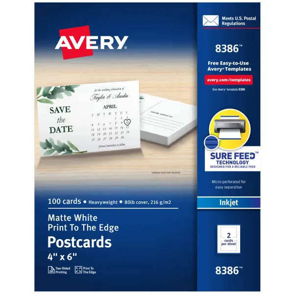Avery&reg; Postcards with Sure Feed&reg; Technology, 4" x 6", Matte White, 100 Blank Postcards for Inkjet Printers (8386)