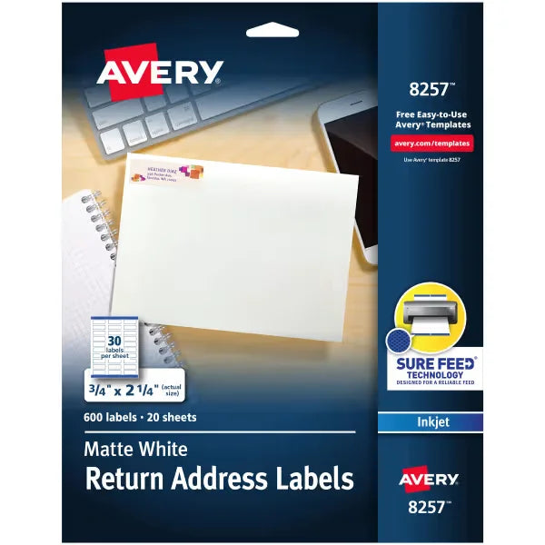Avery&reg; Return Address Labels with Sure Feed&reg;, 3/4" x 2-1/2", Matte White, Inkjet Compatible, 600 Labels (8257)