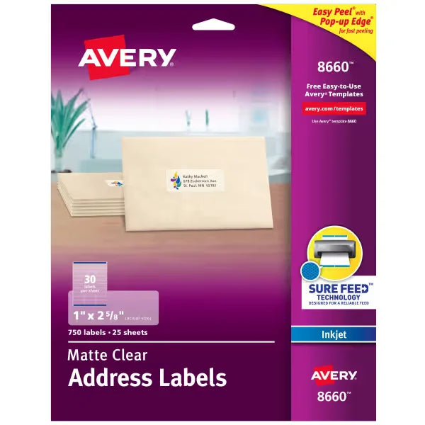 Avery&reg; Address Labels with Sure Feed&reg;, 1" x 2-5/8", Matte Clear, Inkjet Printer Compatible, 750 Labels Total (8660)