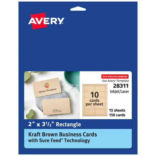 Avery&reg; Kraft Brown Business Cards with Sure Feed&reg;  Technology, 2" x 3.5", Laser/Inkjet, 150 Business Cards (28311)