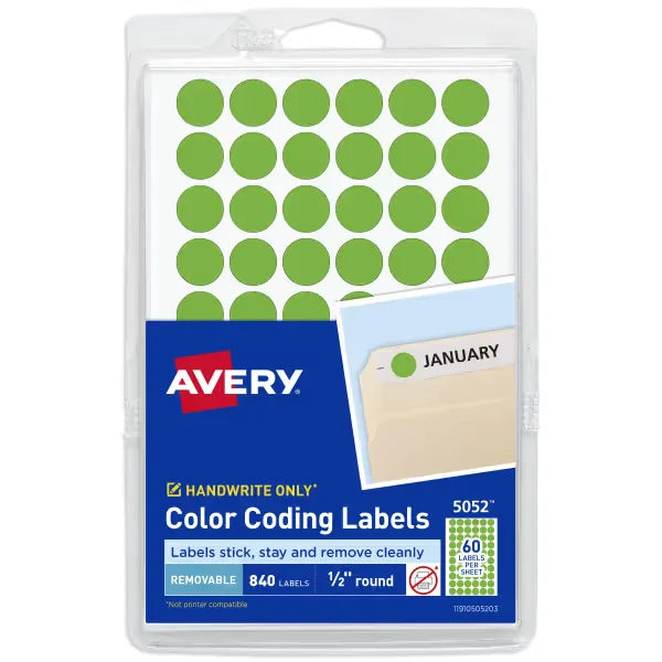 Avery&reg; Color-Coding Removable Labels, 1/2 Inch Round Stickers, Neon Green, Non-Printable, 840 Dot Stickers Total (5052)