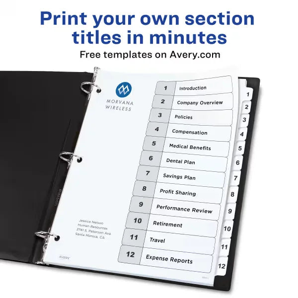 Avery&reg; Ready Index&reg; Dividers for 3 Ring Binders, 12 Tab Sets, Customizable Table of Contents, White Tabs (11140)
