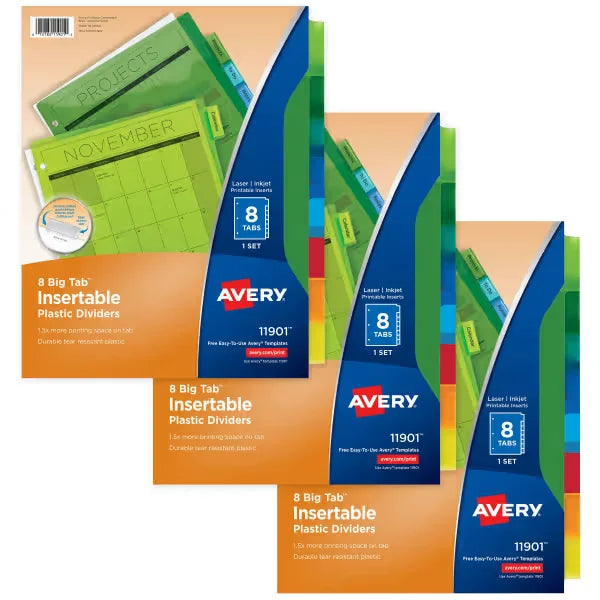 Avery&reg; 8-Tab Binder Dividers, Big Tab&trade; Insertable Plastic Binder Dividers, Big Tab&trade;, Multicolor, 3 Sets (71901)