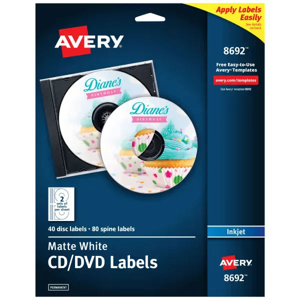 Avery&reg; Printable CD Labels, Matte White, Permanent, Inkjet Printers, 40 Blank CD Labels & 80 Spine Labels (8692)