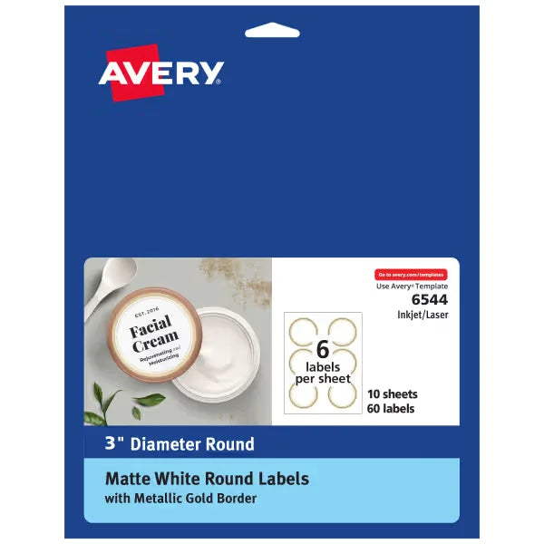 Avery&reg; Matte White Labels with Metallic Gold Borders, 3" Round Labels, 60 Total, Laser/Inkjet Printable Labels (6544)