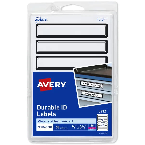 Avery&reg; Durable ID Labels, 5/8" x 3-1/2", Black Border, Writable and Printable Labels, 35 Total (5212)