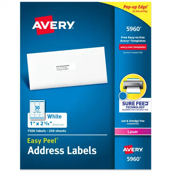 Avery&reg; Easy Peel&reg; Address Labels with Sure Feed&reg;, 1" x 2-5/8", White, 7,500 Blank Mailing Labels (5960)