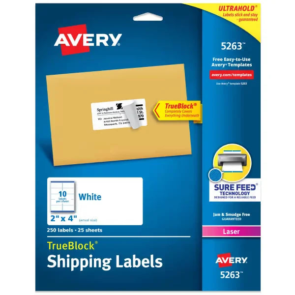 Avery&reg; TrueBlock&reg; Shipping Labels with Sure Feed&reg;, 2" x 4", White, 250 Blank Mailing Labels (5263)