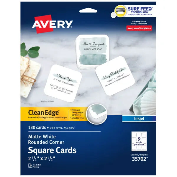 Avery&reg; Clean Edge&reg; Square Cards with Sure Feed&reg;, Rounded Corners, 2-1/2" x 2-1/2", Matte White, 180 Total (35702)