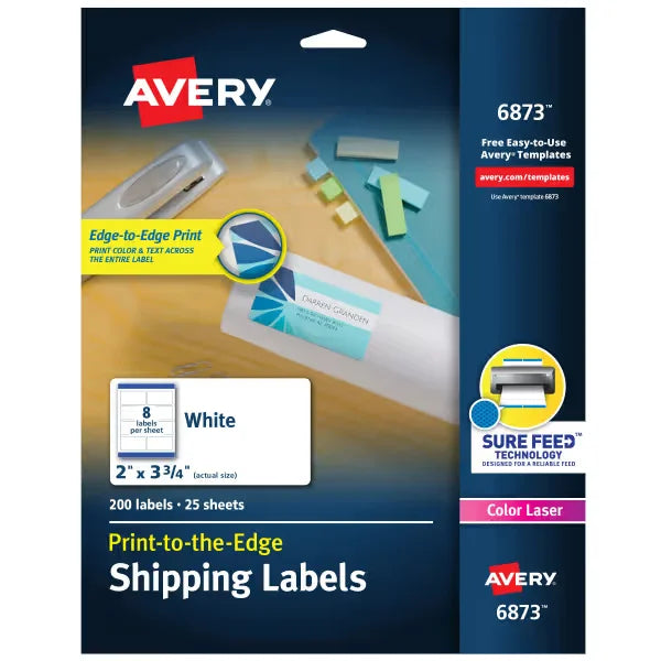Avery&reg; Print-to-the-Edge Shipping Labels with Sure Feed&reg;, 2" x 3-3/4", Matte White, 200 Labels (6873)