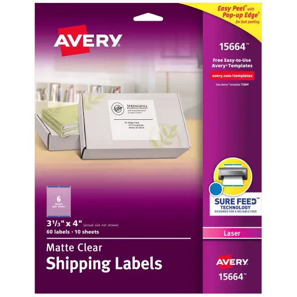 Avery&reg; Matte Clear Shipping Labels, Sure Feed&trade; Technology, Laser, 3-1/3" x 4", 60 Labels (15664)