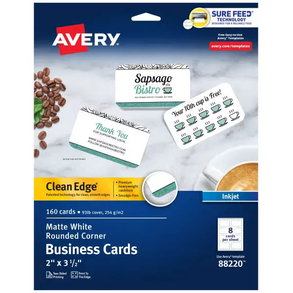 Avery&reg; Clean Edge&reg; Business Cards with Sure Feed Technology, Rounded Corners, 2" x 3-1/2", White, 160 Cards (88220)