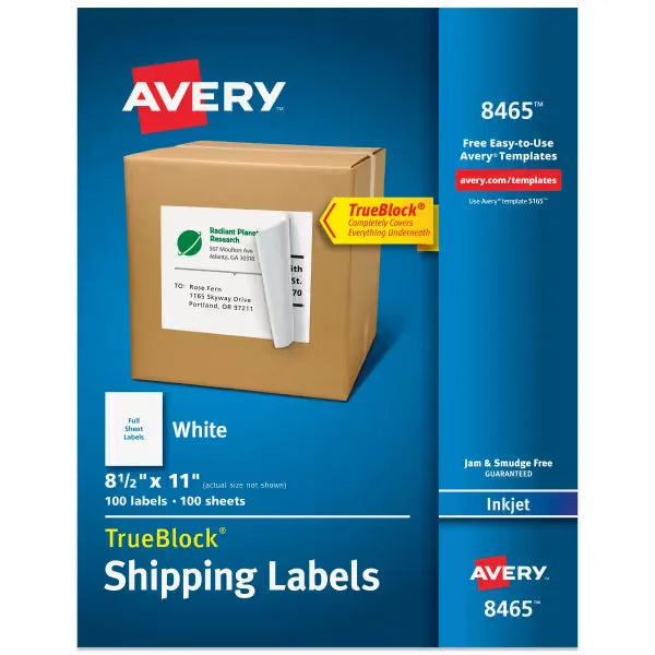 Avery&reg; Full-Sheet Shipping Labels, 8-1/2" x 11", White, 100 Blank Mailing Labels (8465)