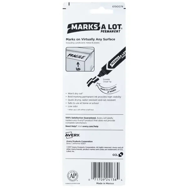 Avery&reg; Marks A Lot&reg; Permanent Markers, Jumbo Desk-Style Size, Chisel Tip, Black Marker (24138)