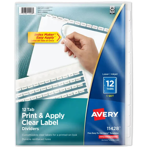 Avery&reg; Print & Apply Clear Label Dividers, Index Maker&reg; Easy Apply&trade; Printable Label Strip, 12 White Tabs (11428)