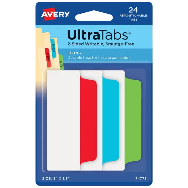 Avery&reg; Ultra Tabs&reg;, Red/Blue/Green, 3" x 1.5", 24 Repositionable Filing Tabs, 2-Sided Writable (74775)