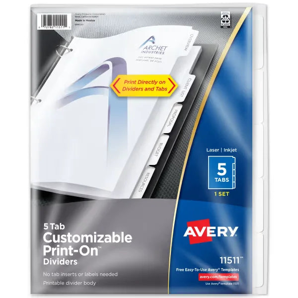 Avery&reg; Print-On&trade; Dividers, 5-Tab Set (11511)