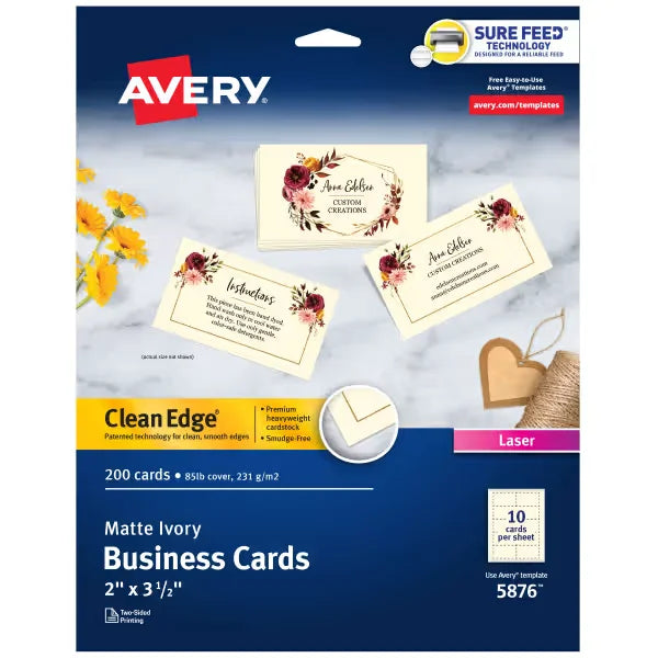 Avery&reg; Clean Edge&reg; Printable Business Cards with Sure Feed Technology, 2" x 3-1/2", Ivory, 200 Blank Cards (05876)