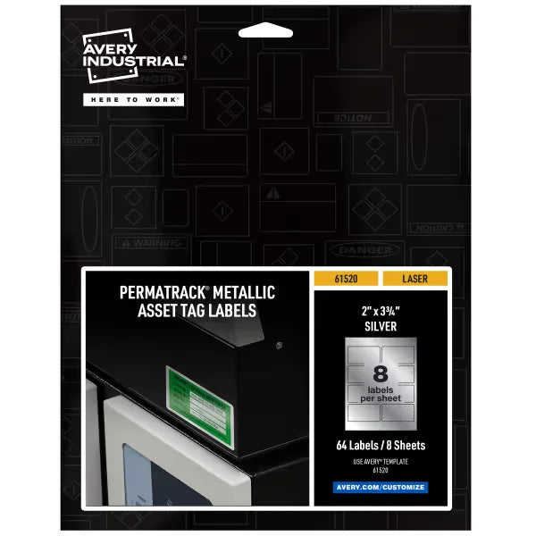 Avery&reg; PermaTrack&reg; Metallic Asset Tag Labels, 3-3/4" x 2", 64 Labels (61520)