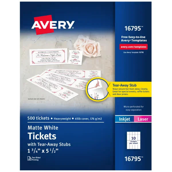 Avery&reg; Tickets with Tear-Away Stubs, 1-3/4" x 5-1/2", Matte White, 500 Blank Tickets (16795)