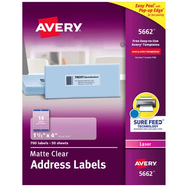 Avery&reg; Matte Clear Address Labels, Sure Feed&trade; Technology, Laser, 1-1/3" x 4", 700 Labels (5662)