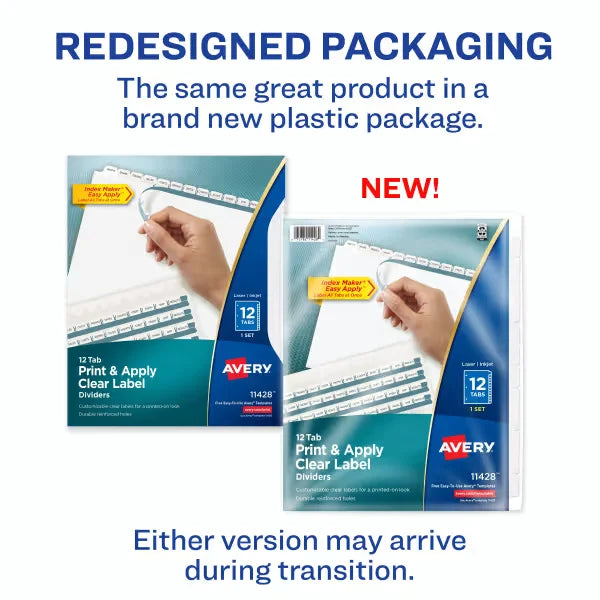 Avery&reg; Print & Apply Clear Label Dividers, Index Maker&reg; Easy Apply&trade; Printable Label Strip, 12 White Tabs (11428)