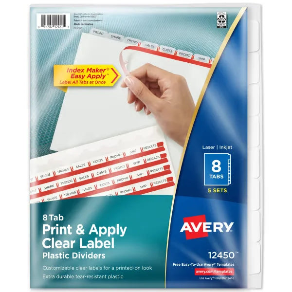Avery&reg; Print & Apply Clear Label Translucent Plastic Dividers, Index Maker&reg; Easy Apply&trade; Printable Label Strip, 8 Frosted Tabs, 5 Sets (12450)