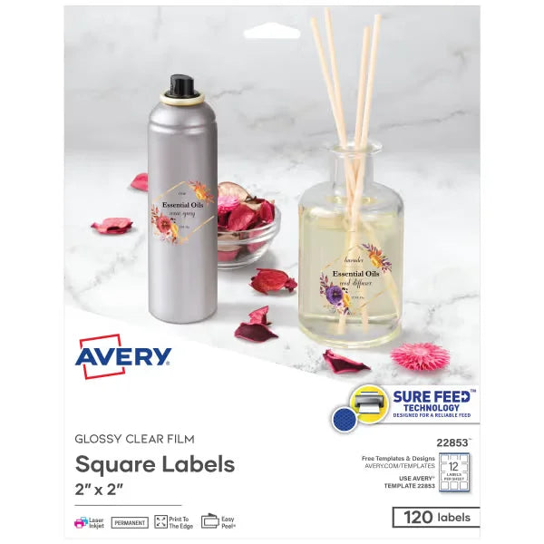 Avery&reg; 2" x 2" Square Labels with Sure Feed, 120 Labels, Permanent Adhesive, Glossy Clear (22853)