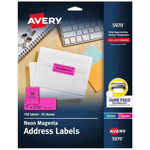 Avery Address Labels with Sure Feed, 1" x 2-5/8", Neon Magenta, Laser & Inkjet Compatible, 750 Labels Total (5970)