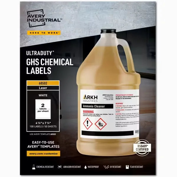 Avery&reg; UltraDuty&reg; GHS Chemical Labels for Laser Printers, Permanent Adhesive, Waterproof, UV Resistant, 4-3/4" x 7-3/4", 100 Labels (60502)