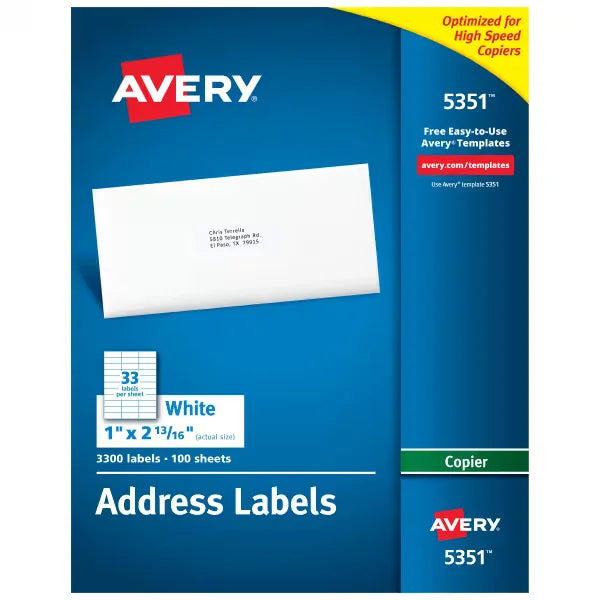 Avery&reg; Address Labels for Copiers, 1" x 2-13/16", 3,300 White Labels (5351)
