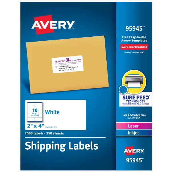 Avery&reg; Shipping Labels with Sure Feed&reg;, 2" x 4", White, 2,500 Blank Mailing Labels (95945)