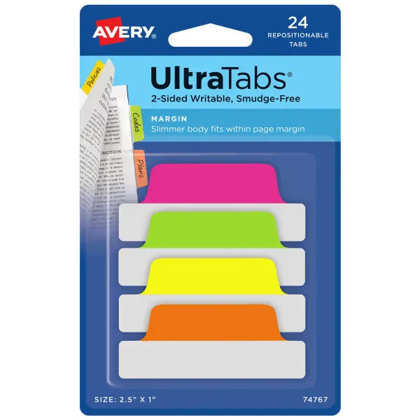 Avery&reg; Ultra Tabs&reg;, Assorted Neon Colors, 2.5" x 1", 24 Repositionable Margin Tabs, 2-Sided Writable (74767)