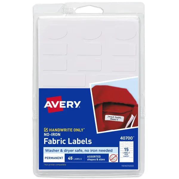 Avery&reg; No-Iron Fabric Labels, Assorted Shapes and Sizes, Washer and Dryer-Safe Waterproof Labels, Non-Printable, 45 Blank Labels Total (40700)
