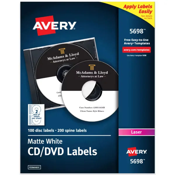 Avery&reg; CD Labels, Matte White, Permanent Adhesive, Laser Printers, 100 CD Labels & 200 Spine Labels (5698)