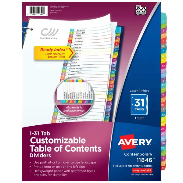 Avery&reg; Ready Index&reg; 1-31 Dividers, 31 Tab Sets, Customizable Table of Contents, Multicolor Arched Tabs (11846)