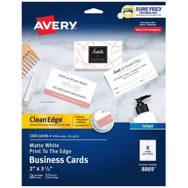 Avery&reg; Clean Edge&reg; Business Cards with Sure Feed Technology, 2" x 3-1/2", White, 160 Blank Cards (08869)