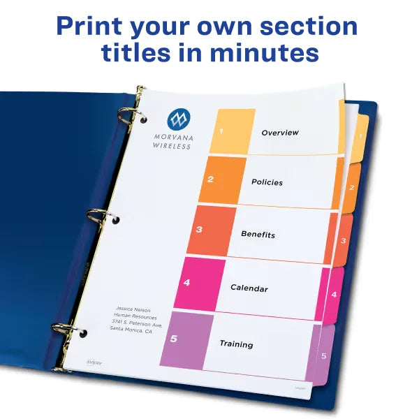 Avery&reg; Ready Index&reg; 5 Tab Binder Dividers, Customizable Table of Contents, Multicolor Tabs, 6 Sets (11187)