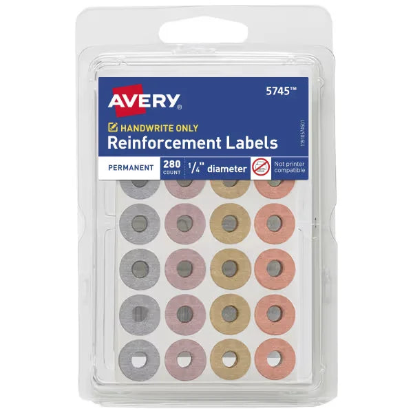 Avery&reg; Hole Reinforcement Labels, 1/4" Diameter, Metallic Colors, Non-Printable, 280 Reinforcement Stickers Total (5745)