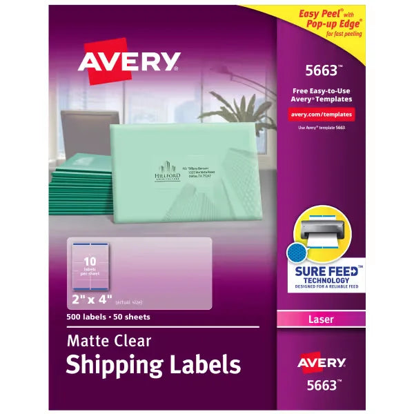 Avery&reg; Matte Clear Shipping Labels, Sure Feed&trade; Technology, Laser, 2" x 4", 500 Labels (5663)