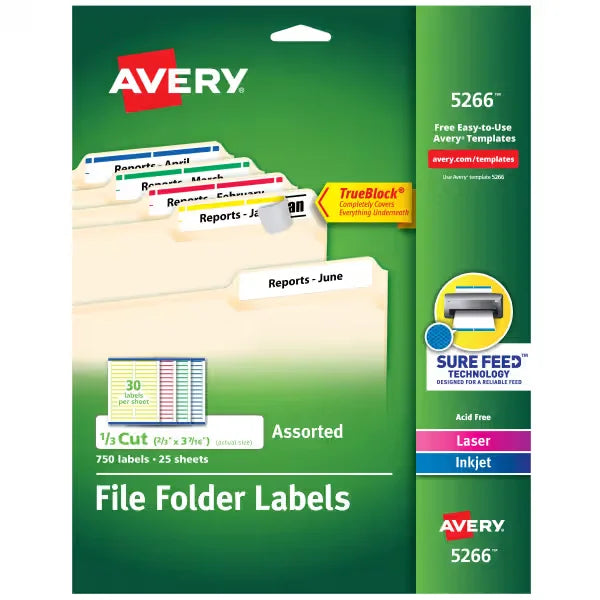 TrueBlock® File Folder Labels, 2/3” x 3-7/16”, 750 Printable Labels, Permanent, Assorted Colors (5266)