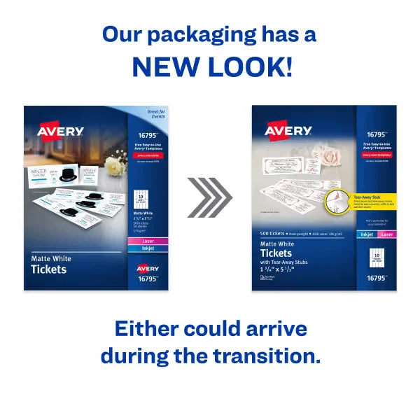 Avery&reg; Tickets with Tear-Away Stubs, 1-3/4" x 5-1/2", Matte White, 500 Blank Tickets (16795)