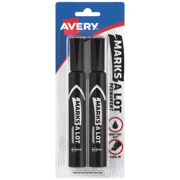 Avery&reg; Marks A Lot&reg; Permanent Markers, Regular Desk-Style Size, Chisel Tip, 2 Black Markers (07902)