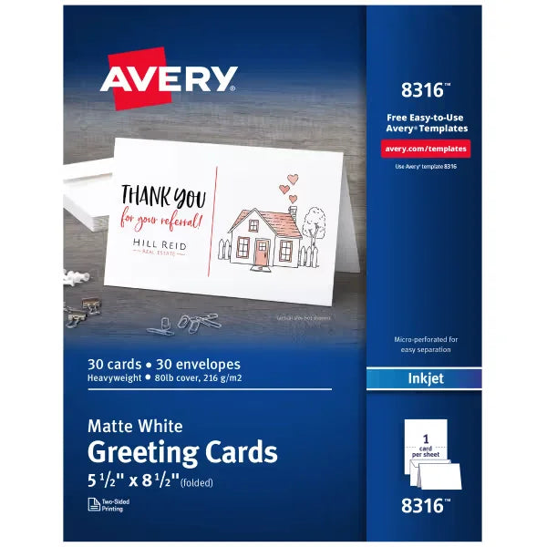 Avery&reg; Half-Fold Greeting Cards with Envelopes, 5-1/2" x 8-1/2", Matte White, Inkjet Printers, 30 Total (8316)