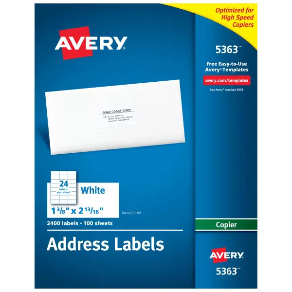 Avery&reg; Address Labels for Copiers 1-3/8" x 2-13/16", 2,400 White Labels (5363)