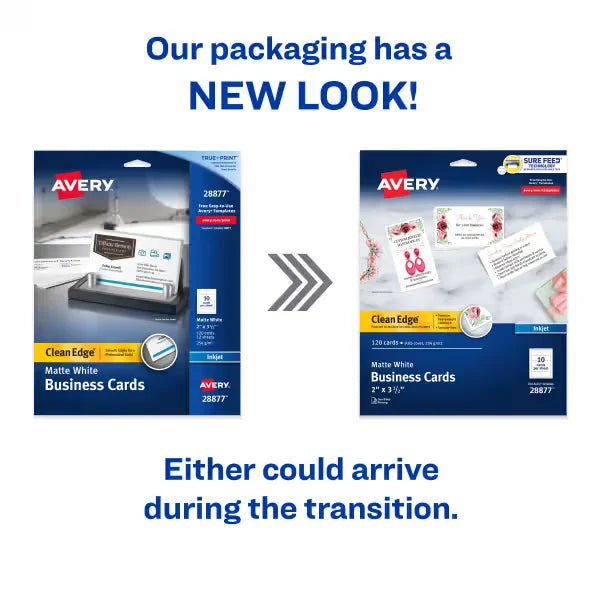 Avery&reg; Clean Edge&reg; Business Cards with Sure Feed Technology, 2" x 3-1/2", White, 120 Blank Cards (28877)