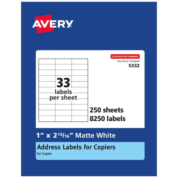 Avery&reg; Address Labels for Copiers, 1" x 2-13/16", 8,250 White Labels (5332)