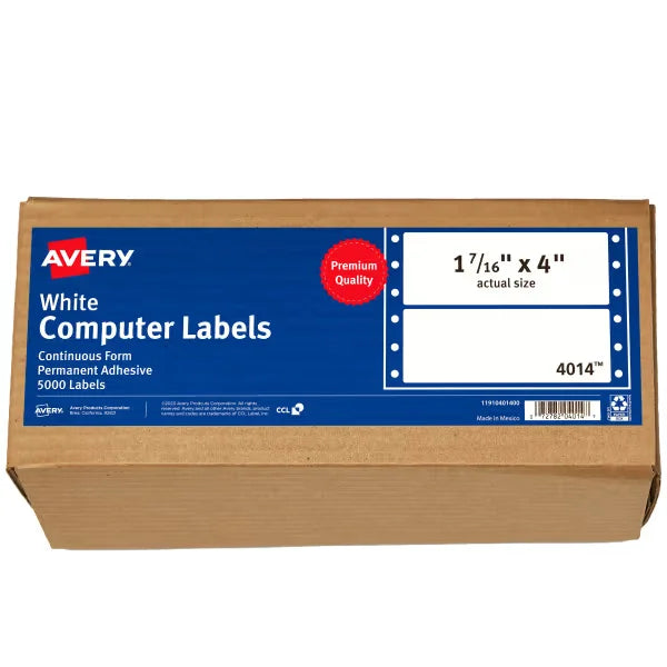Avery&reg; White Computer Labels, 1-7/16" x 4", Dot Matrix Labels and Pin-Feed Labels, 5,000 Total (4014)
