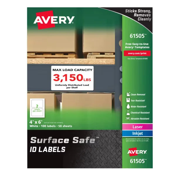 Avery&reg; Surface Safe&reg; Durable ID Labels, Removable Adhesive, Water & Chemical Resistant, 4" x 6", 100 Labels (61505)