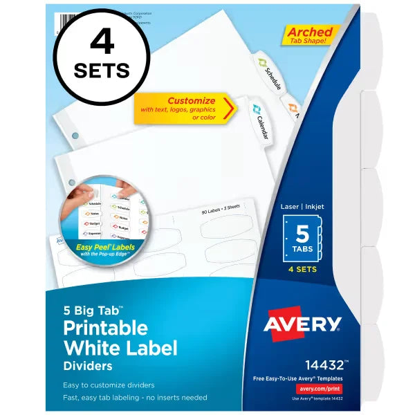 Avery&reg; Big Tab&trade; Label Dividers, Easy Peel&reg; Labels, 5 Tabs, 4 Sets (14432)